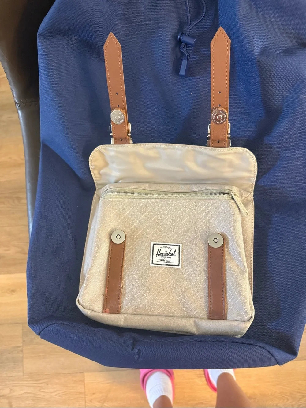 Herschel Supply Company Navy and Cream Canvas Backpack with Tan Straps